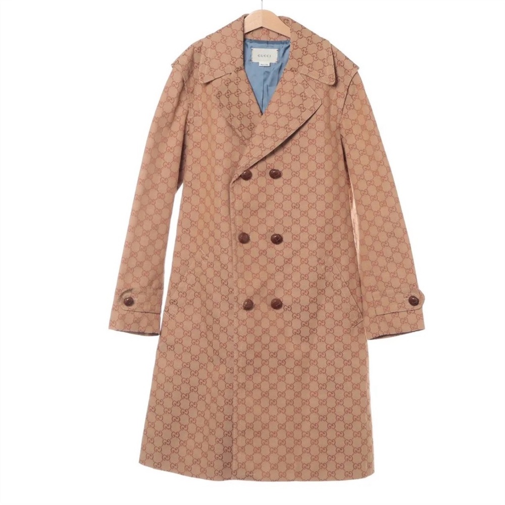Gucci Tan Beige GG-Print Double-Breasted Trench Coat